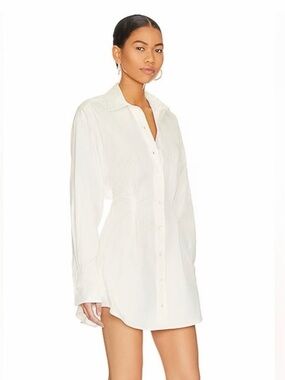 L'Academie Brasilia Mini Shirt Dress Bright White Collared Pleated Size Med NWTs